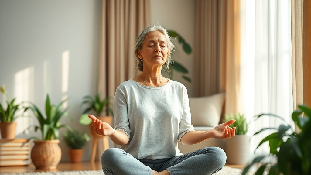serene woman practicing mindfulness for better chronic disease outcomes, living room setting