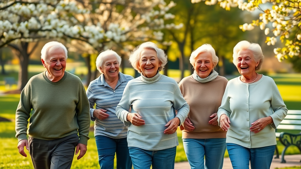Joyful group of seniors walking outdoors: real-life success with nutritional supplements for seniors.