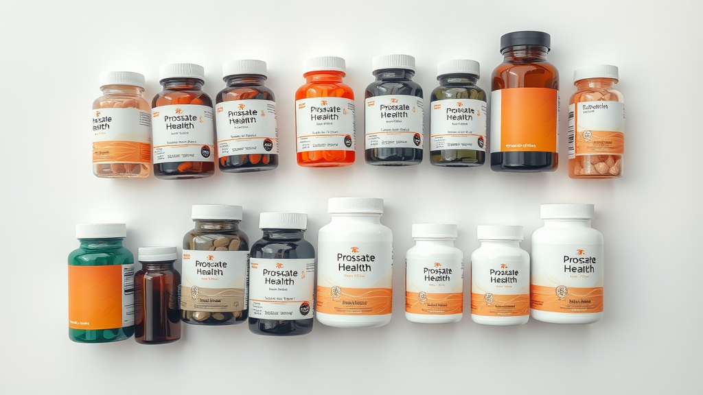 dietary prostate health supplements grouped, bottles on white background