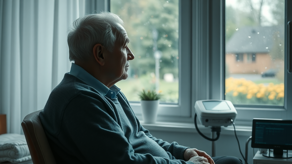 Lonely senior reflecting by window, factors affecting senior mental wellness and sleep