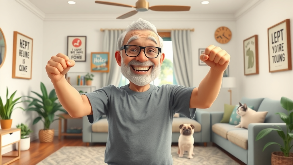 Senior man doing home exercise as daily routine for age-related diseases prevention