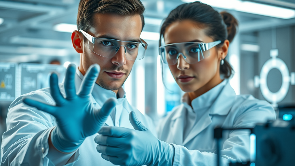 Scientists testing senolytic drugs and therapies for the biological aging process in a futuristic lab