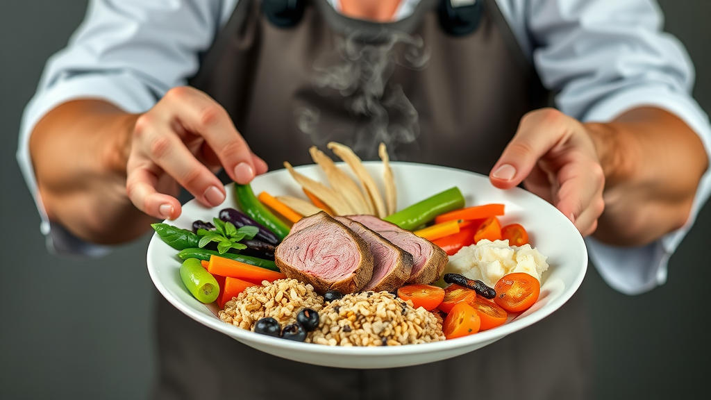 chef arranging balanced meal plate with proteins, veggies, and grains - macros for natural weight loss