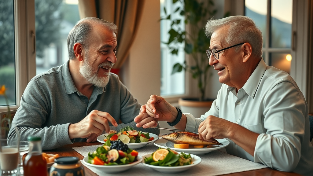 aging and nutrition happy elderly couple enjoying a Mediterranean meal with fresh salad and grilled fish