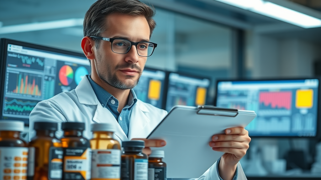 confident lab researcher reviewing scientific supplement results, holding clipboard in modern laboratory