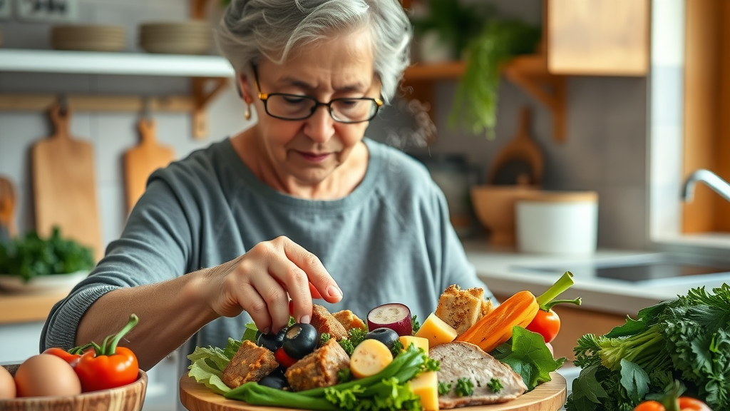 elderly woman preparing healthy balanced plate for healthy aging strategies