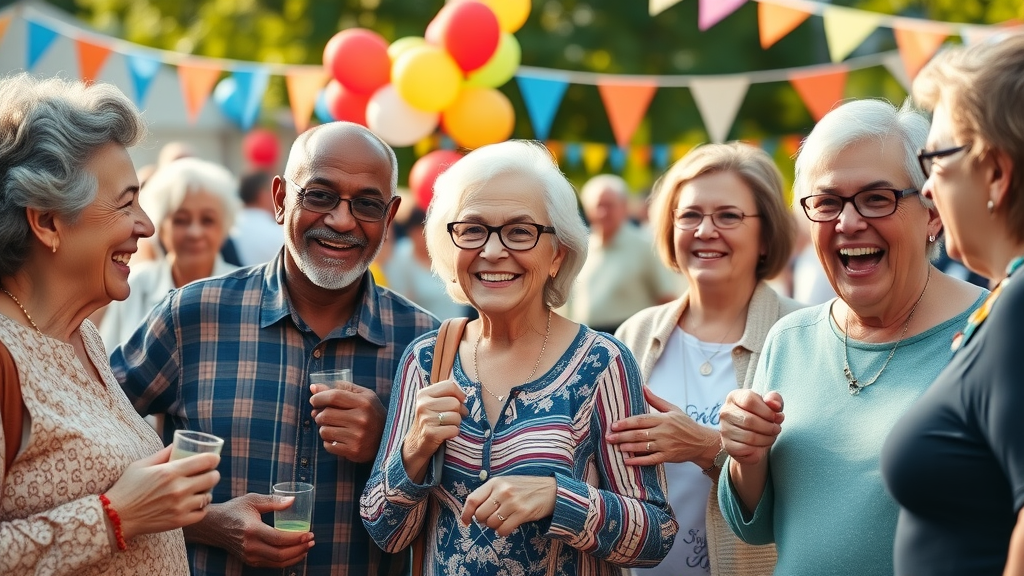 Optimistic diverse seniors, outside at a community event, improving mental health in seniors
