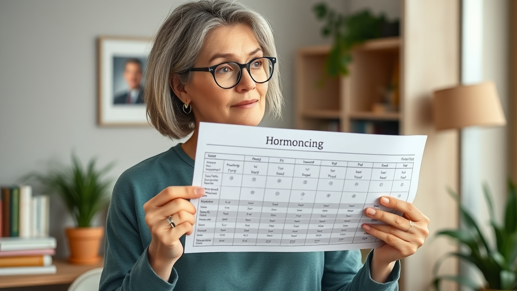 Middle-aged woman holding hormone chart, highlighting hormonal changes and belly fat in women.