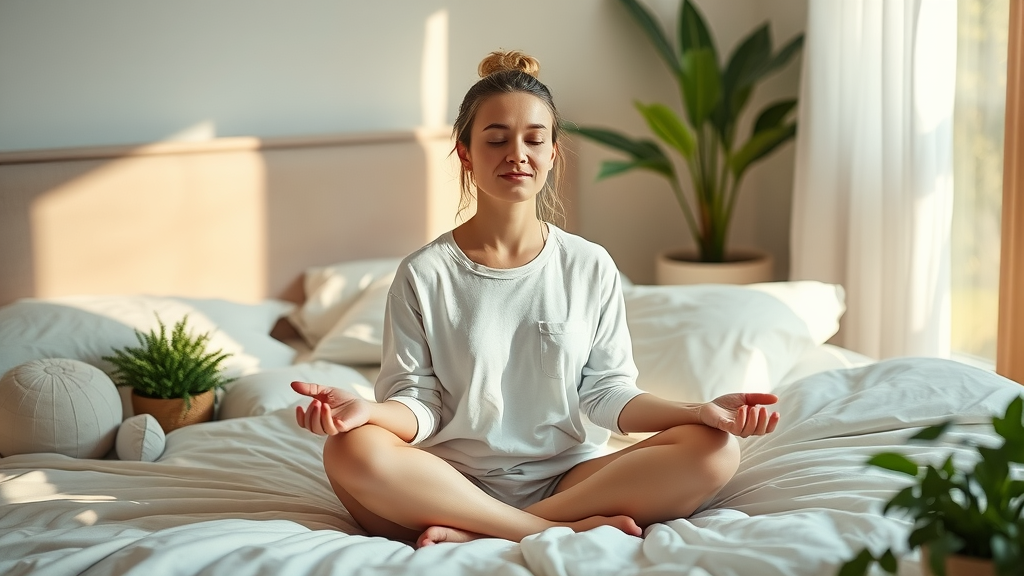 Woman practicing mindfulness meditation in bed for stress reduction and belly fat loss.