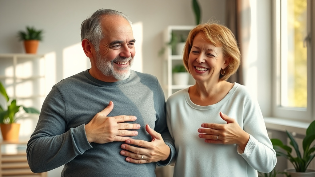 middle-aged couple smiling and holding their stomach after taking healthy gut supplements, showing digestive health satisfaction