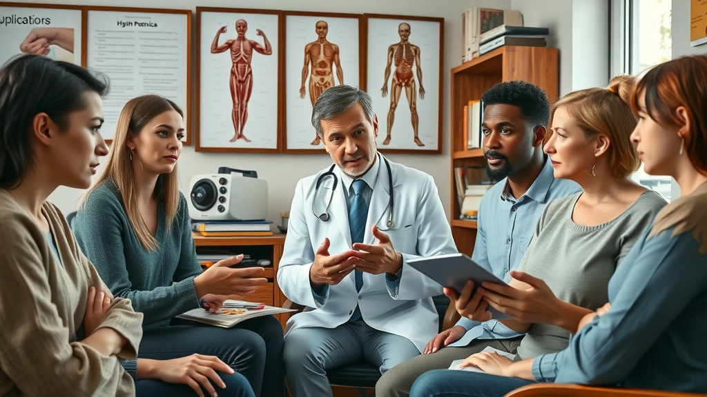 group receiving medical advice on burn belly fat pills, emphasis on safety and side effects from a healthcare professional