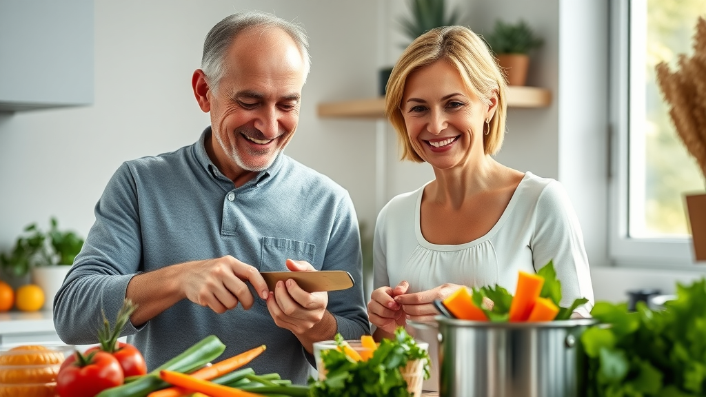 heart health motivated middle-aged couple preparing a colorful heart-healthy meal