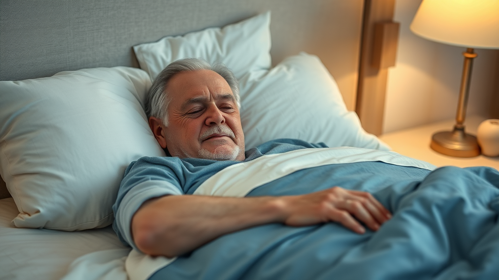 Restful elderly man sleeping peacefully in optimized bedroom for senior sleep quality