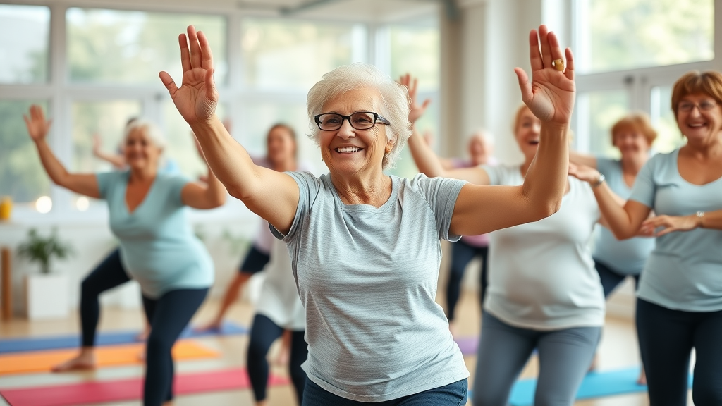 preventive health care for seniors—joyful group of active seniors participating in an exercise class in a bright studio