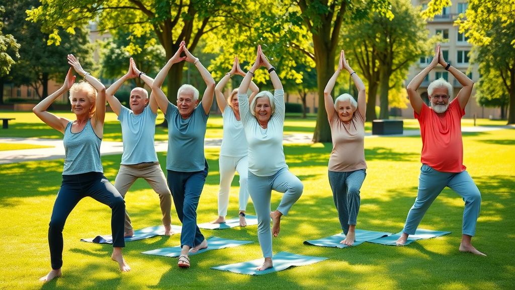 active elderly group participating in yoga, improve sleep, brain health, sunny park, stretching, dynamic group, sunlight streaming, bright colors
