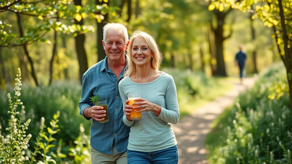 Middle-aged couple active outdoors enjoying herbal medicine for weight loss