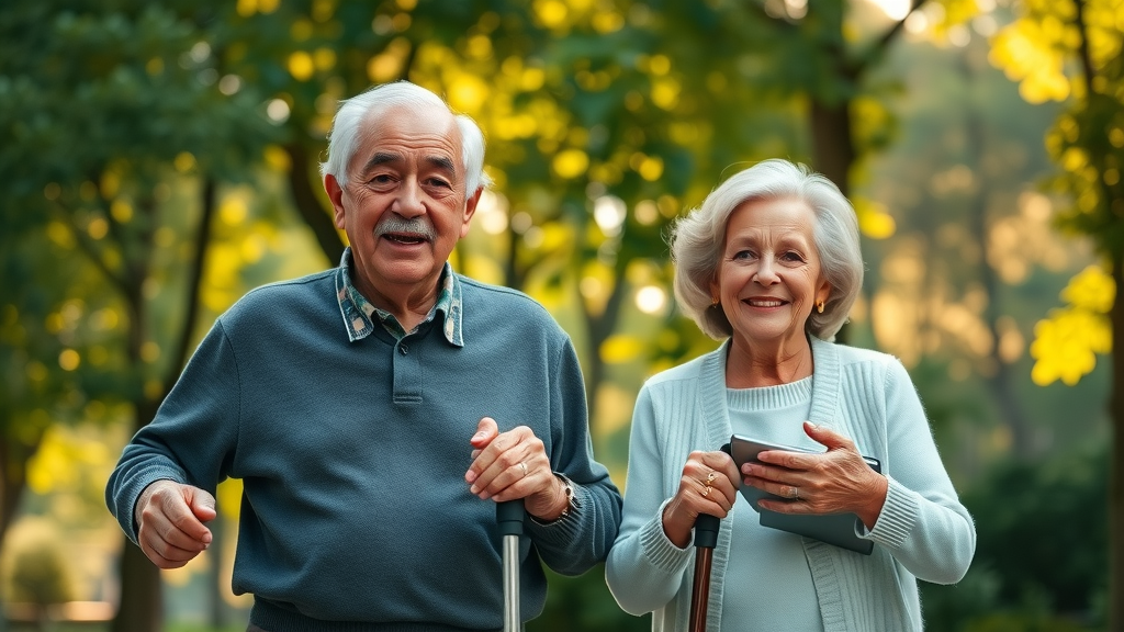 elderly man and woman hopeful for mental wellness in aging as they walk in a park