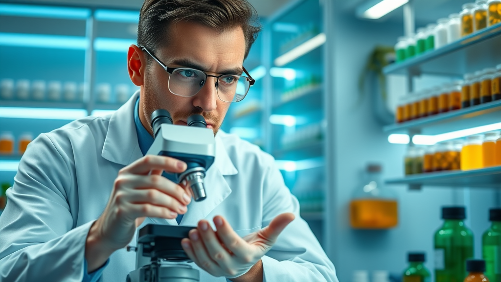 scientist analyzing herbal supplement in lab for clinical trials