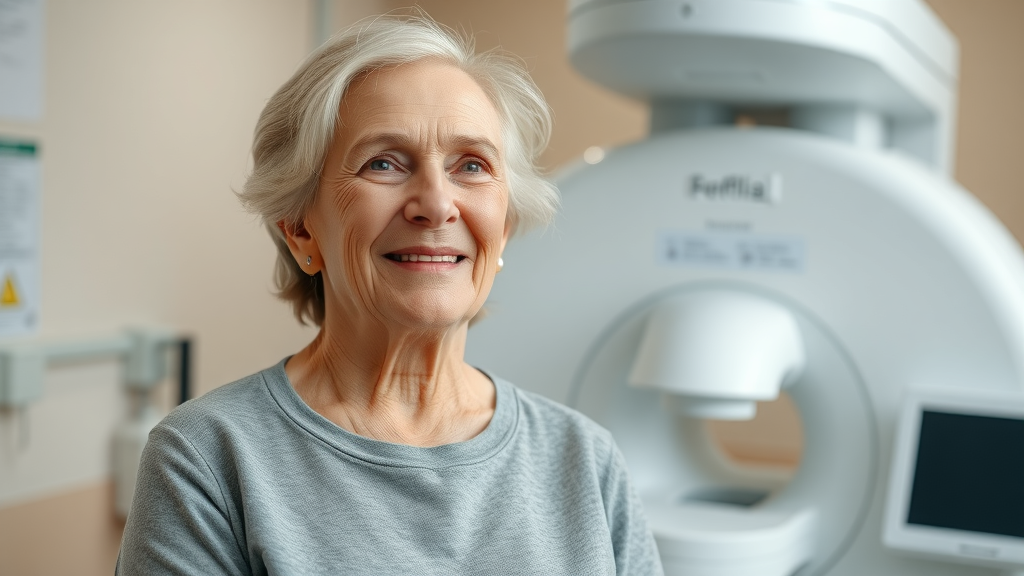 cancer screening for seniors—senior woman preparing for a mammogram screening in a clinical setting