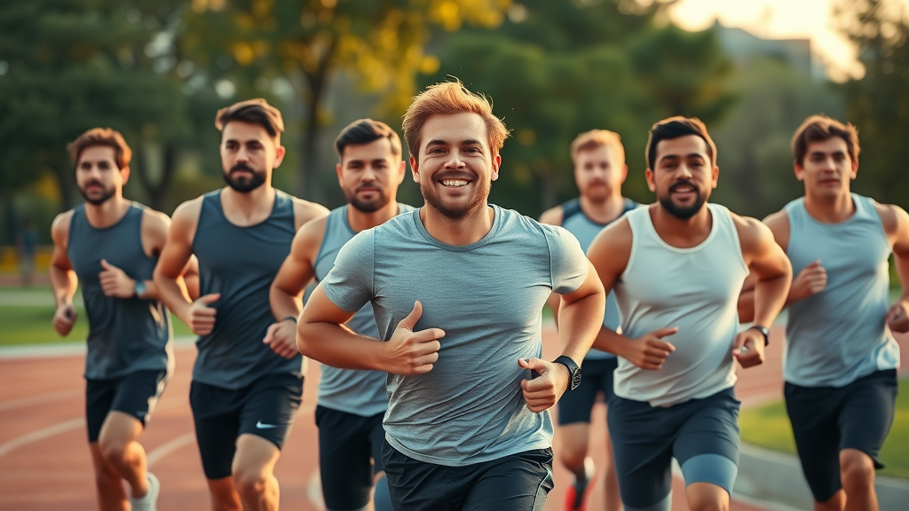 Men running outdoors in urban park for belly fat loss using aerobic exercise