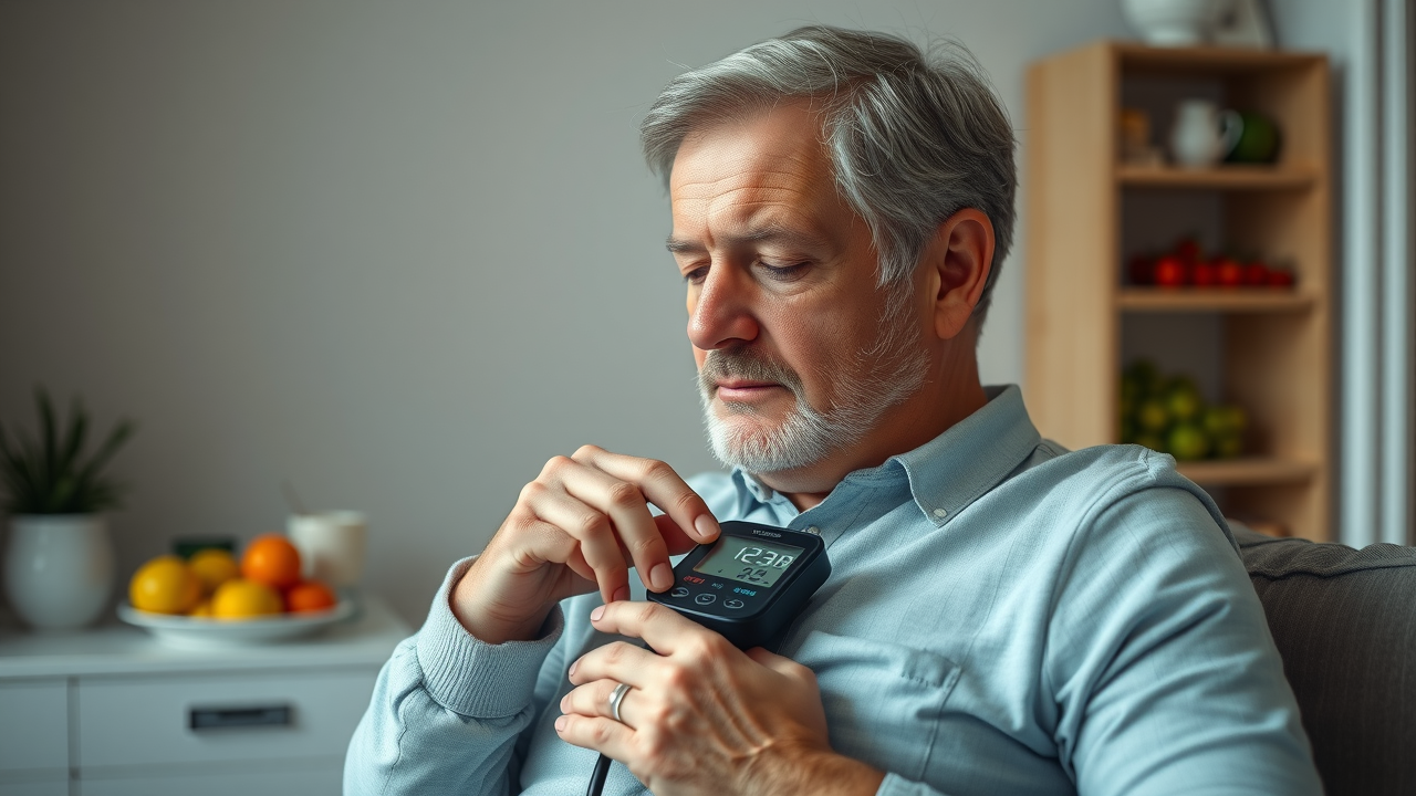 Middle-aged man checking blood pressure at home - supporting weight loss and metabolic health