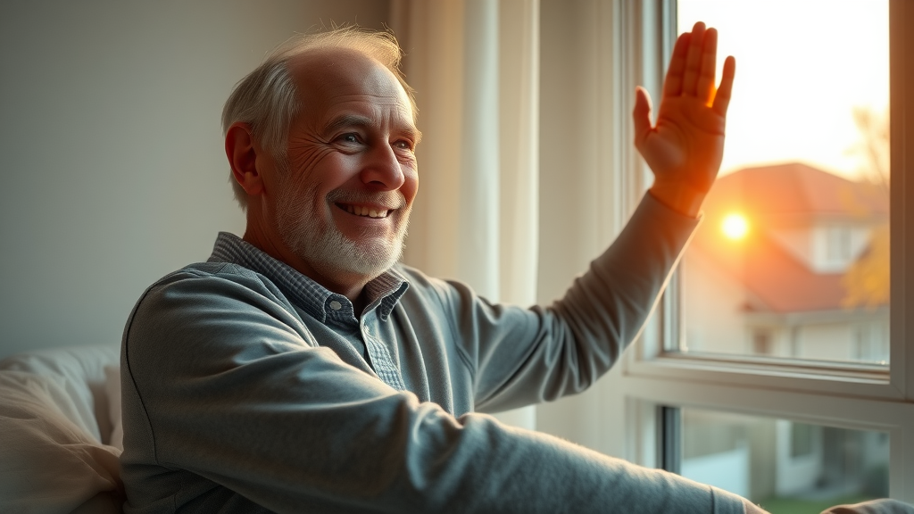 older adults sleep patterns, elderly man stretching by window at sunrise, content