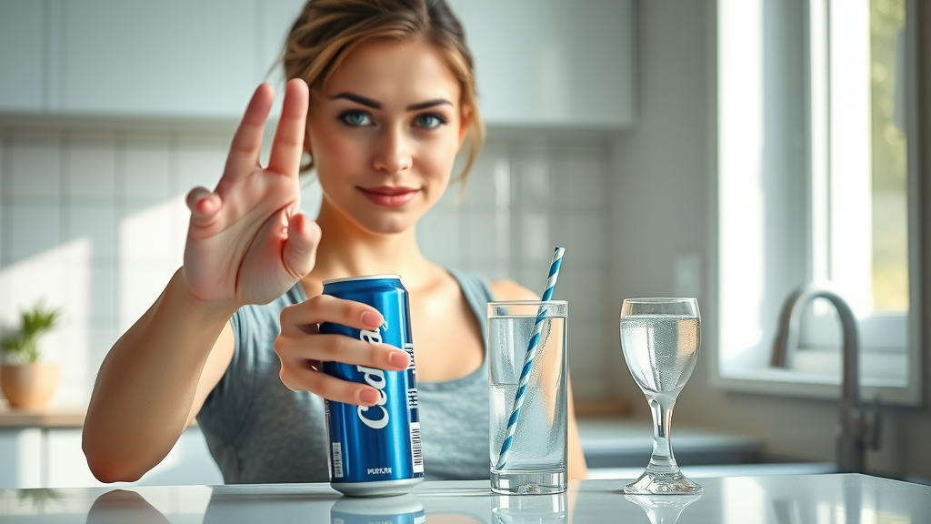 woman avoiding sugary drinks, choosing water for flat stomach