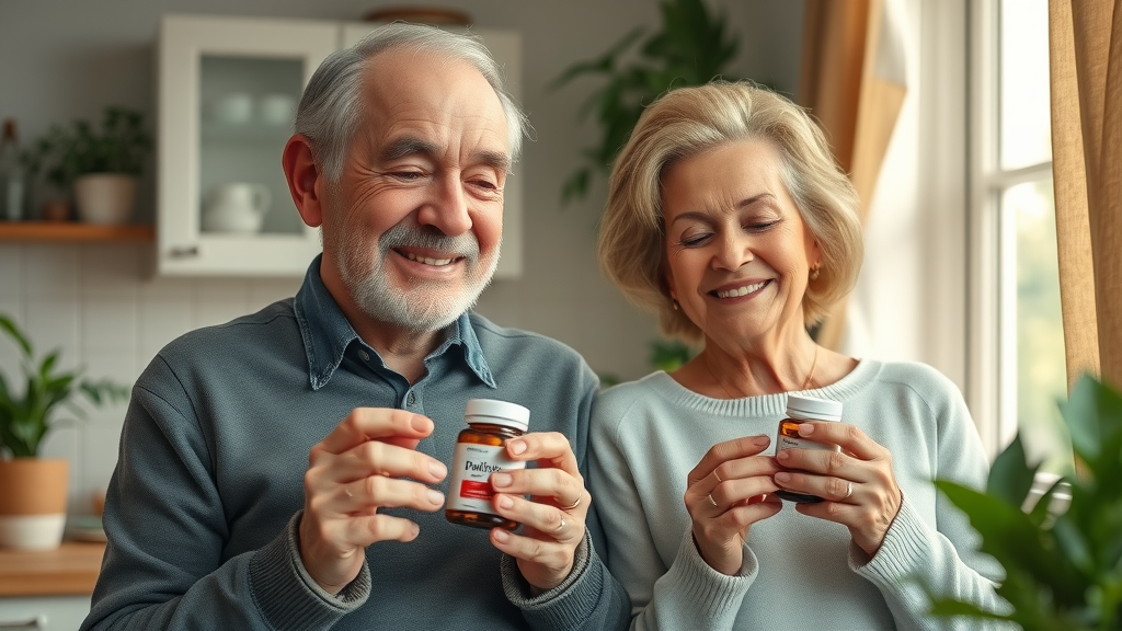 elderly couple holding natural supplements arthritis bottles in a cozy sunlit kitchen