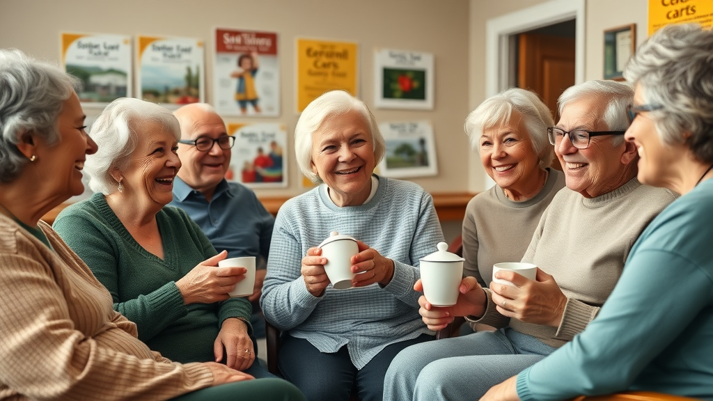 Supportive group of diverse seniors, smiling and talking together, engaging in friendly discussion, older adults mental health