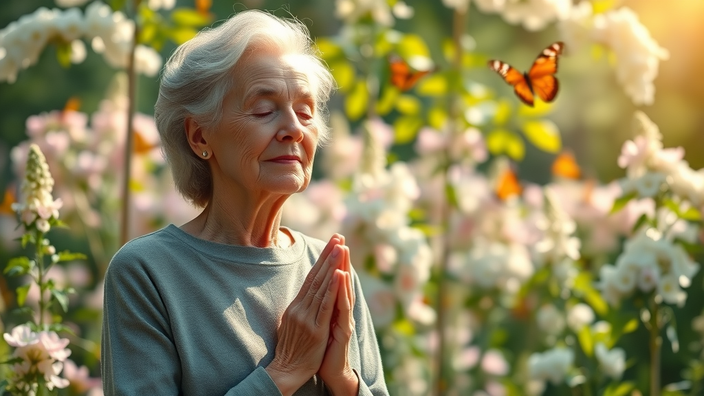Serene elderly woman practicing breathing exercises for anxiety management in seniors in a sunlit garden.
