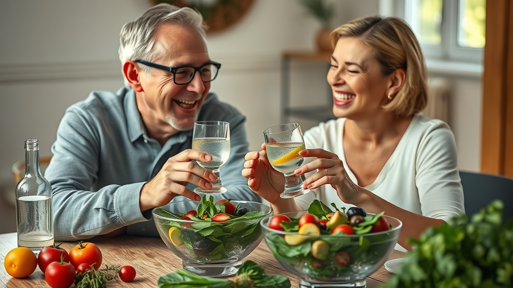 happy couple drinking infused water and eating salad for losing belly fat without exercise
