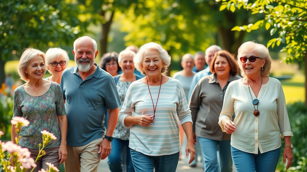 Vibrant group of diverse seniors walking together in a lush green park enjoying a healthy life and longer life, longevity secrets