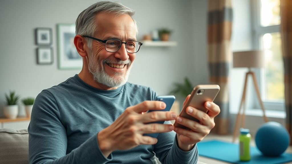 Older man tracking fitness progress with a smartphone - best way to get rid of belly fat men