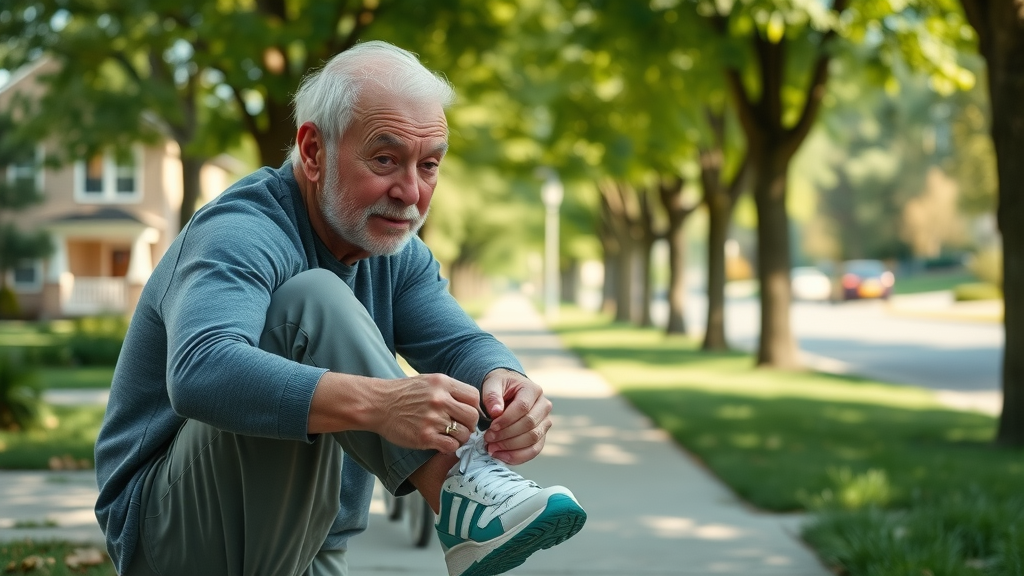senior man preparing for walk to combat chronic disease issues, hopeful expression, suburban neighborhood