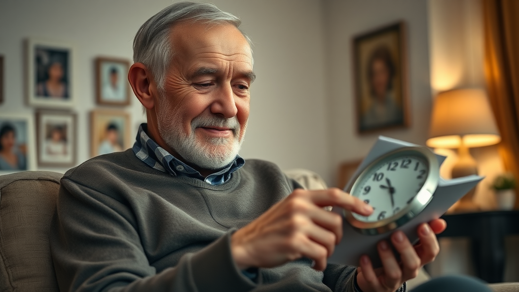 normal aging and sleep habits of older adults, elderly man reading a clock in softly lit living room
