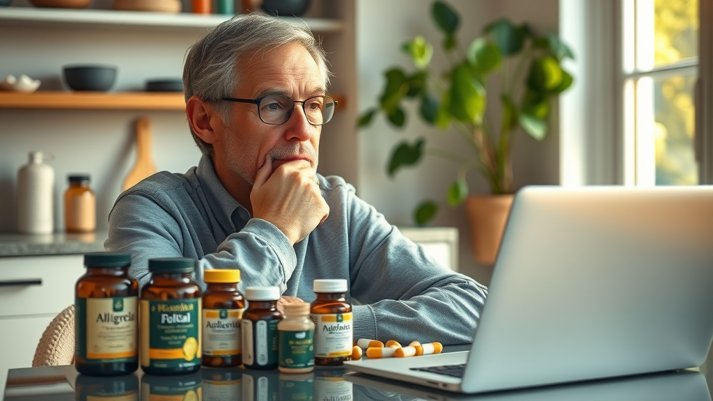 thoughtful mature adult at kitchen table reviewing supplement bottles and laptop in cozy home