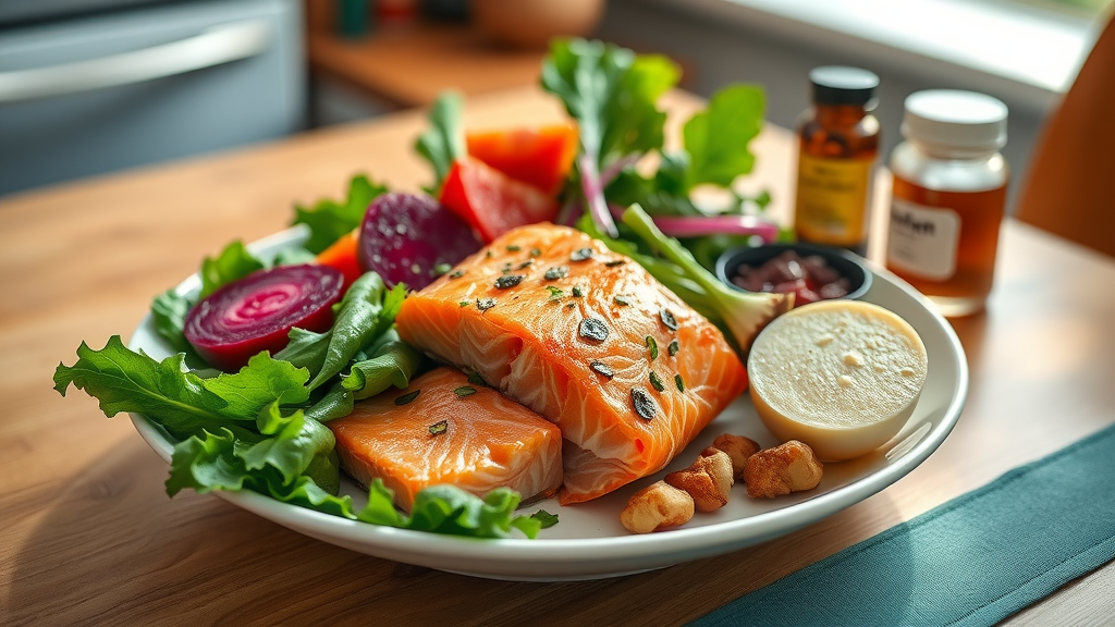 Heart-healthy meal with salmon and natural high blood pressure supplement bottle