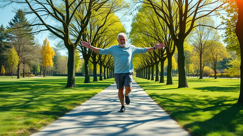 elderly man walking in park for insomnia in seniors, promoting exercise and daylight exposure