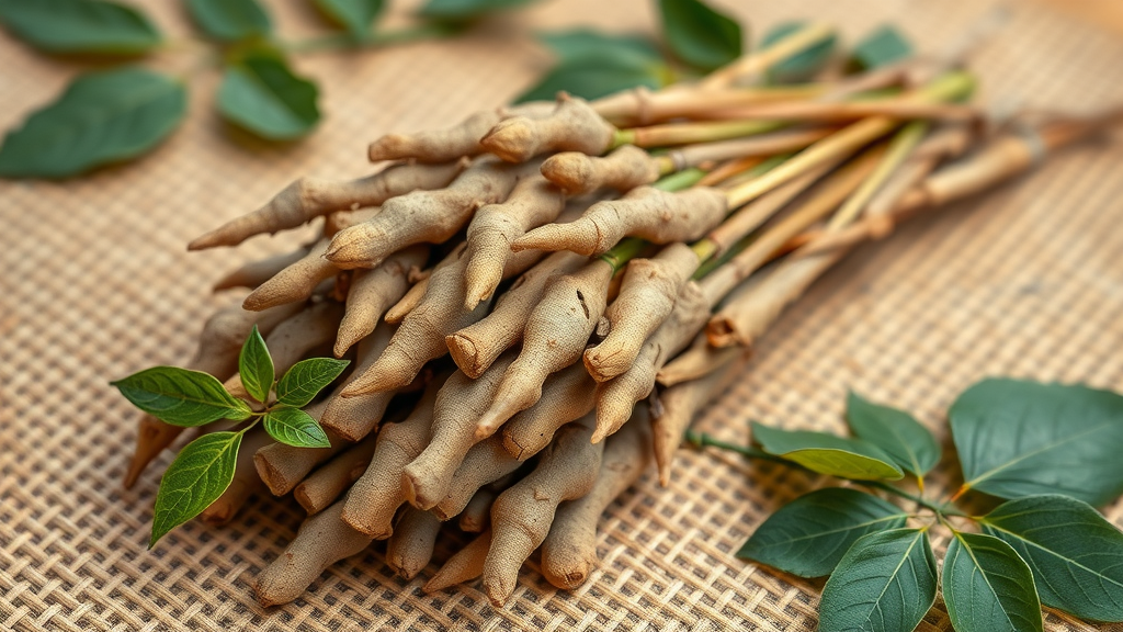 Dried ashwagandha roots with green leaves, serene spa setting, natural supplements energy booster