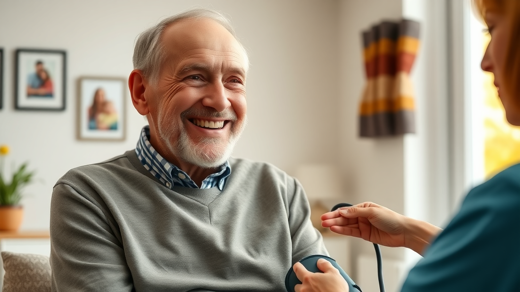 Older adult receiving home health care support, nurse checking blood pressure