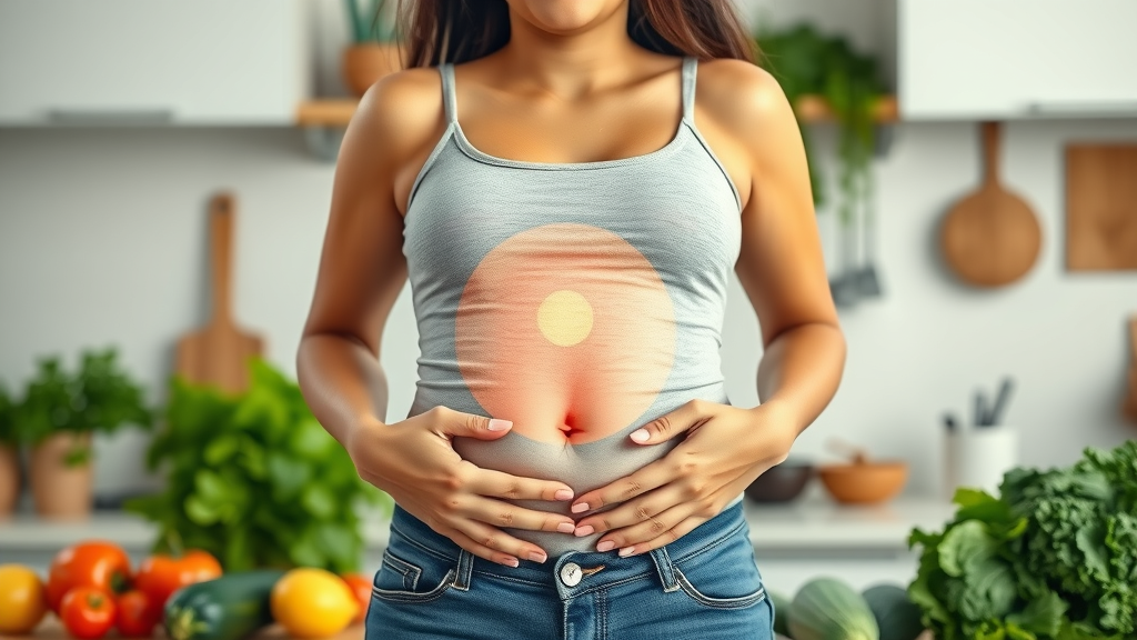 vibrant healthy gut, confident person glowing, healthy gut in natural kitchen background with greens and vegetables