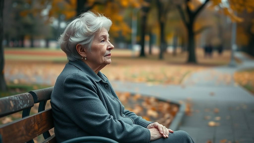 Lonely senior woman, distant gaze, sitting alone on a park bench, social isolation in seniors