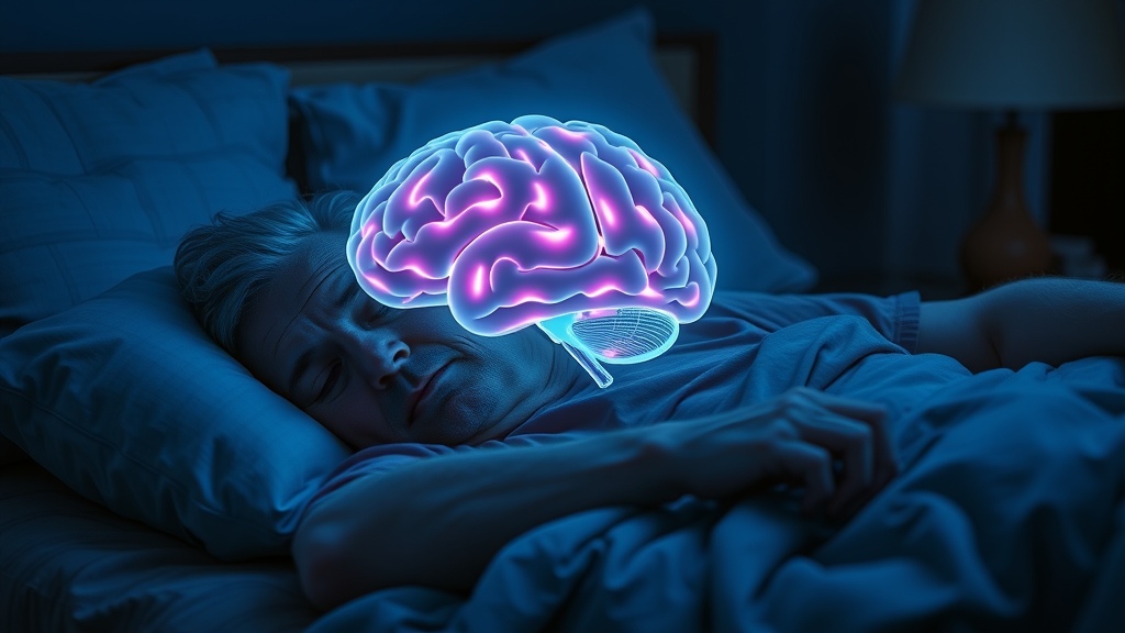 Dramatic illustration brain overlay shows mental health and sleep connection in older adults