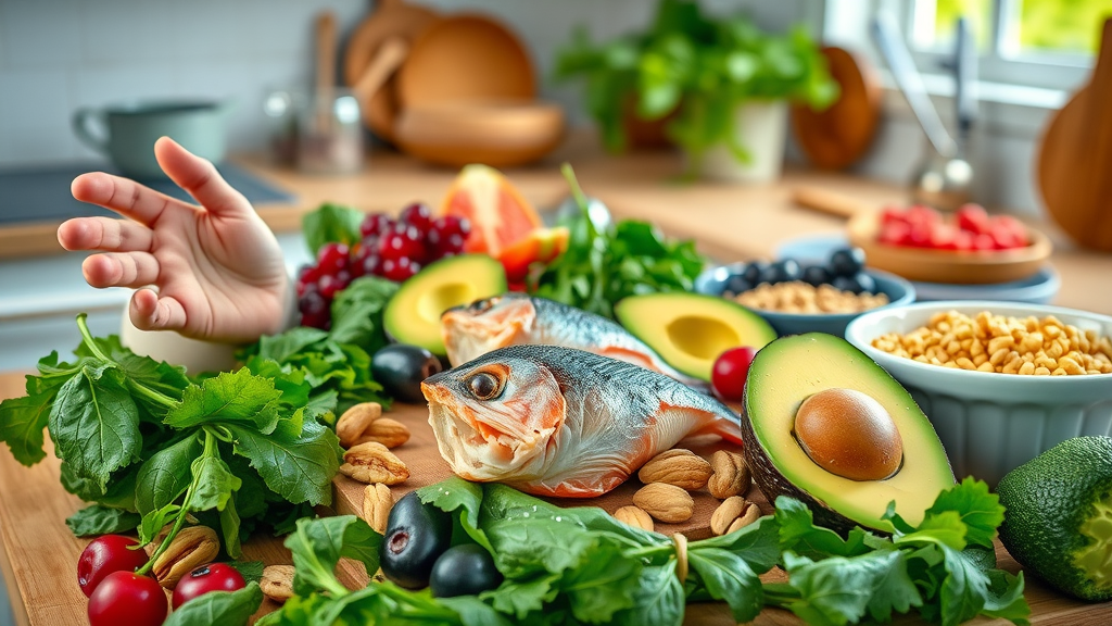 Colorful display of nutrient-rich foods for nerve health, including leafy greens, omega-3-rich fish, nuts, and berries