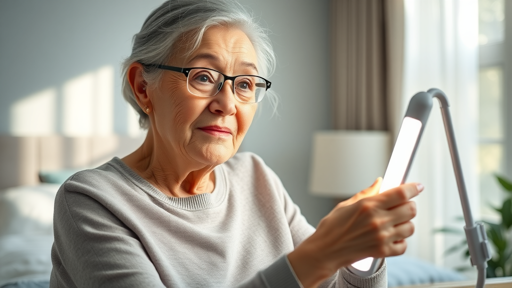 elderly woman using light therapy lamp for insomnia in seniors, hopeful in a bright modern bedroom