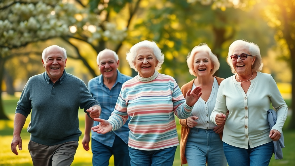 senior health vibrant group of seniors walking in park enjoying healthy aging