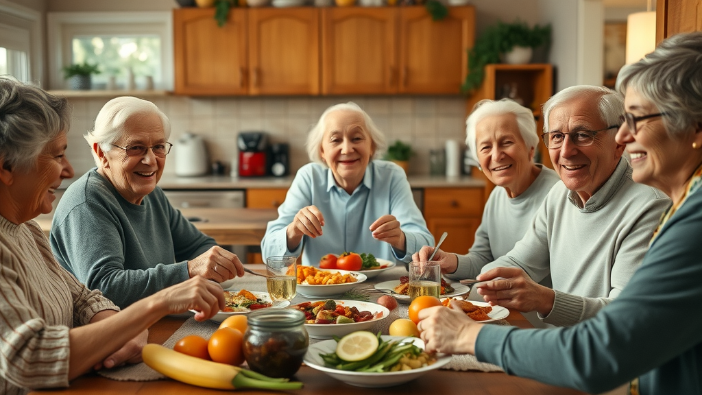 healthy aging tips older adults group eating nutritious meal