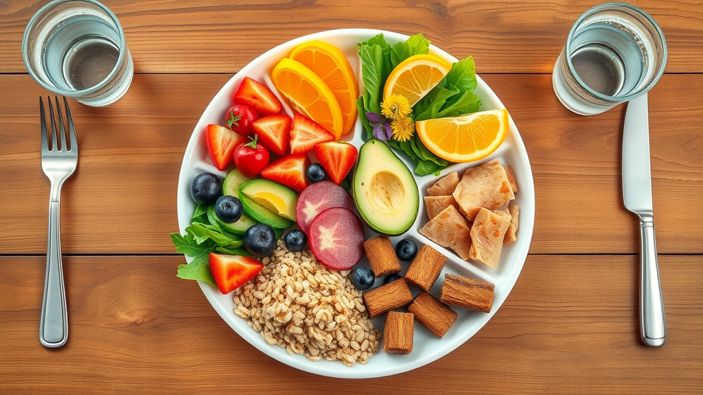 aging and nutrition illustration balanced plate for older adults with fruits vegetables grains proteins healthy fats