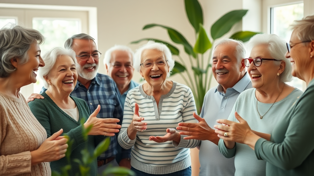 happy older adults, healthy aging, vitality, engaged in conversation, community center, older adults