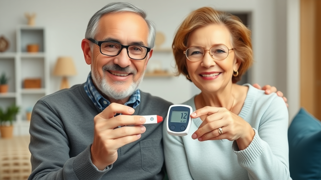 older man and woman showing glucose meter results after using natural supplements diabetes